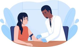 Doctor collecting patient blood sample from vein 2D vector isolated illustration