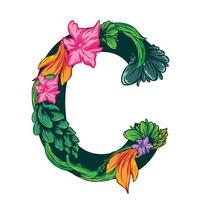 Vector of the capital C letter with green leaves and floral patterns - grotesque style.eps