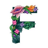 Vector of the capital F letter with green leaves and floral patterns - grotesque style.eps