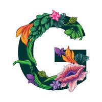 Vector of the capital G letter with green leaves and floral patterns - grotesque style.eps