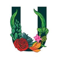 Vector of the capital U letter with green leaves and floral patterns - grotesque style.eps