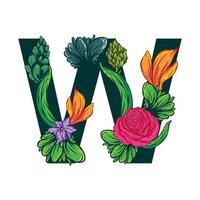 Vector of the capital W letter with green leaves and floral patterns - grotesque style.eps