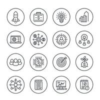 startup line icons set on white, product launch, project funding, initial capital, contract, ipo, target market, customers vector