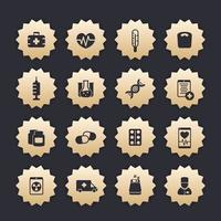 medicine icons, health care, hospital, pills pictograms on gold badges vector