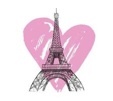 Paris. Hand drawn Eiffel Tower. Heart grunge. vector