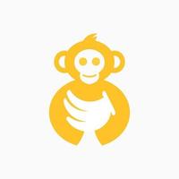 concepto de logo de mono y plátano. espacio negativo, logotipo minimalista, plano, moderno y animal. amarillo y blanco adecuado para logotipo, icono, símbolo, signo, mascota y emblema. como el logotipo de frutas o alimentos vector