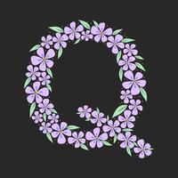 Floral botanical alphabet. Vintage hand drawn monogram letter Q. Letter with plants and flowers. Vector lettering isolated on white