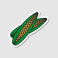 Vector corn sticker in cartoon style. Isolated vegetable with shadow. Flat simple icon with black lines.