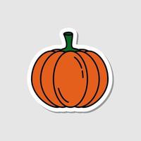 Vector pumpkin sticker in cartoon style. Isolated vegetable with shadow. Flat simple icon with black lines.