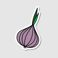 Vector garlic sticker in cartoon style. Isolated vegetable with shadow. Flat simple icon with black lines.