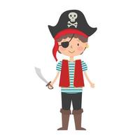 caricatura sonriente joven capitán pirata, con una espada en la mano y un parche en el ojo. vector