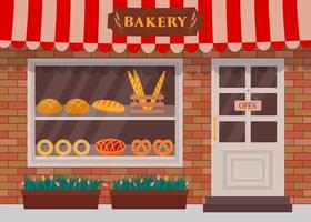 Bakery shop. Bakery facade in flat style. Showcase with fresh bread, loaf, baguette, pretzel and pie. vector