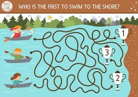 Summer camp maze for children. Active holidays preschool printable activity. Nature trip or competition labyrinth game or puzzle with cute kayaking kids on boats. Who is the first to swim to the shore vector