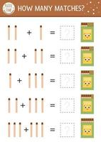 How many matches game with cute match in the box. Summer math addition activity for preschool children. Printable simple counting worksheet for kids with smiling kawaii object vector