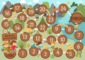Summer camp dice board game for children with cute animals and kids. Active holidays boardgame with hiking children going to waterfall. Family trip activity. Nature outdoor printable worksheet vector