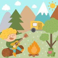Summer camp card with cute kid doing camping activity. Vector square print template with singing child playing guitar in front of the fire. Active holidays or local tourism design for postcards, ads