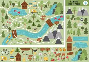 Camping map creator. Set of flat cartoon elements for constructing summer camp activity. Vector nature clip art with mountains, waterfall, trees, forest animals for hiking or campfire plan.