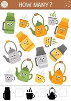 Counting and shape recognition game with cute thermos, cup and kettle. Math activity for preschool children. Simple printable worksheet with funny drinking ware. Educational puzzle for kids. vector