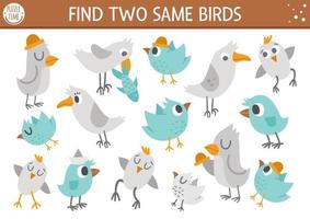 Find two same birds. Forest matching activity for children. Funny woodland educational logical quiz worksheet for kids. Simple printable seek and find game with cute animals. vector