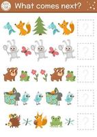 What comes next. Forest matching activity for preschool children with cute woodland animals. Funny educational puzzle. Logical worksheet. Continue the row game with rabbit, bear, frog, fox, bird. vector