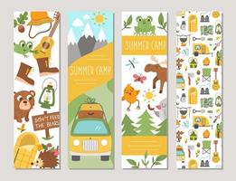 Cute set of Summer camp vertical cards with forest animals, camping elements and van. Vector forest trip print templates. Active holidays or local tourism bookmarks or banner designs pack
