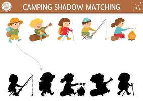 Summer camp shadow matching activity with cute children. Family nature trip puzzle with kids fishing, hiking, playing guitar. Find the correct silhouette printable worksheet or game. vector