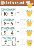 How many fish game with cute fishes in the bucket with water. Summer math subtraction activity for preschool children. Printable simple counting worksheet for kids with seagull vector