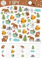 Forest I spy game for kids. Searching and counting activity for preschool children with woodland animals and nature elements. Funny printable worksheet for kids with birds and insects. Simple puzzle. vector