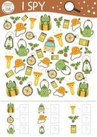 Camping I spy game for kids. Searching and counting activity for preschool children with summer camp equipment. Funny printable worksheet for kids with smiling kawaii objects. Simple spotting puzzle. vector