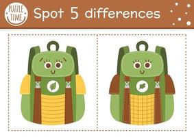 Find differences game for children. Summer camp educational activity with funny smiling kawaii backpack. Printable worksheet with cute camping equipment. Forest preschool sheet