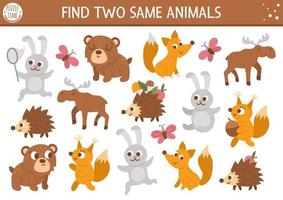 encontrar dos animales iguales. actividad de combinación de bosques para niños. divertida hoja de trabajo de prueba lógica educativa del bosque para niños. juego imprimible simple con lindo oso, ardilla, conejo, zorro, alce, erizo. vector