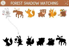 Forest or camping shadow matching activity with cute animals. Family nature trip puzzle with moose, fox, bear, rabbit, fox, squirrel, hedgehog. Find the correct silhouette printable worksheet. vector