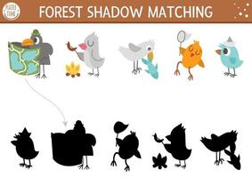 Forest or camping shadow matching activity with cute animals. Family nature trip puzzle with birds, raven with map, seagull with fish. Find the correct silhouette printable worksheet or game. vector