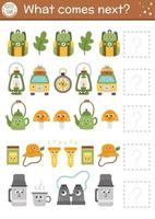 What comes next. Summer camp matching activity for preschool children with smiling kawaii camping equipment. Funny educational puzzle. Logical worksheet. Outdoor trip continue the row game. vector