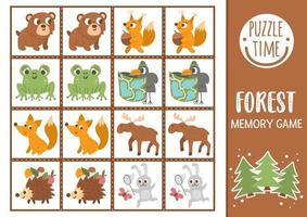 Vector forest memory game cards with cute animals. Woodland matching activity. Remember and find correct card. Simple wildlife printable worksheet for kids with bear, squirrel, moose, rabbit.