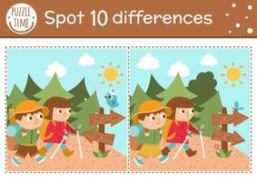 Find differences game for children. Summer camp educational activity with hiking kids, road sign, forest, bird. Printable worksheet with cute camping or forest scenery. Woodland preschool sheet vector