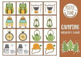 Vector summer camp memory game cards with cute smiling kawaii equipment. Camping matching activity. Remember and find correct card. Simple wildlife printable worksheet for kids.