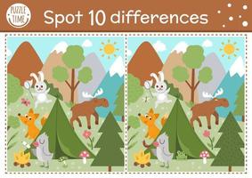 Find differences game for children. Woodland educational activity with funny camping scene. Printable worksheet with cute animals in the wild. Summer nature puzzle for kids. Forest preschool sheet