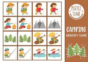 Vector summer camp memory game cards with cute hiking kids and nature. Camping matching activity. Remember and find correct card. Simple wildlife printable worksheet for kids.
