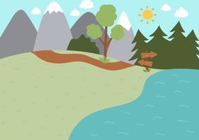 Summer camp background. Nature empty landscape with mountains, tree, path, forest, lake and wooden direction sign. Vector woodland scene. Active holidays or local tourism plan