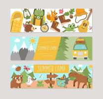 Set of Summer camp horizontal cards with cute forest animals, camping elements and van. Vector trip print templates. Active holidays or local tourism bookmarks or banner designs set
