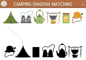 actividad de emparejamiento de sombras de campamento de verano para niños con lindo equipo de campamento kawaii. Rompecabezas de viaje de naturaleza familiar con objetos lindos. encuentre la hoja de trabajo o el juego imprimible de la silueta correcta. vector