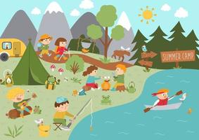 Camping background with cute children doing Summer activities. Vector woodland scene with hiking, fishing, rafting, singing kids. Active holidays or local tourism plan design for postcards, ads, print