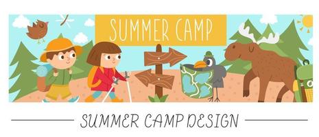 Cute Summer camp horizontal card with comic adorable forest animals and kids in the woods. Vector trip print template. Active holidays or local tourism bookmark or border banner design