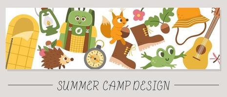 Cute Summer camp horizontal card with forest animals and camping elements and equipment. Vector adventure trip print templates. Active holidays or local tourism bookmark or border banner design