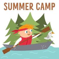 tarjeta de campamento de verano con un niño lindo haciendo actividad de campamento. plantilla de impresión cuadrada vectorial con niño de rafting en un bote con gaviota. vacaciones activas o diseño de turismo local para postales, anuncios vector