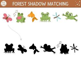 Forest or camping shadow matching activity with cute animals. Family nature trip puzzle with frogs, fish, butterfly, dragonfly. Find the correct silhouette printable worksheet or game.