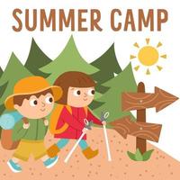 Summer camp card with cute kids doing camping activity. Vector square print templates with hiking children. Active holidays or local tourism design for postcards, ads