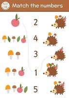 Match the numbers game with apples, mushrooms and funny hedgehog. Forest math activity for preschool children with cute forest animal. Educational printable counting worksheet for kids