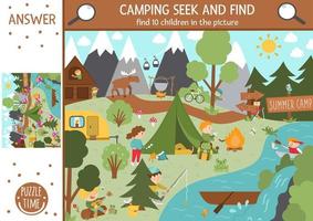 Vector camping searching game with cute children in the forest. Spot hidden kids in the picture. Simple seek and find summer camp or woodland educational printable activity. Outdoor family quiz